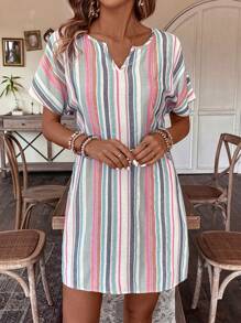 EMERY ROSE Women's Colorful Striped Notched Neck Dress