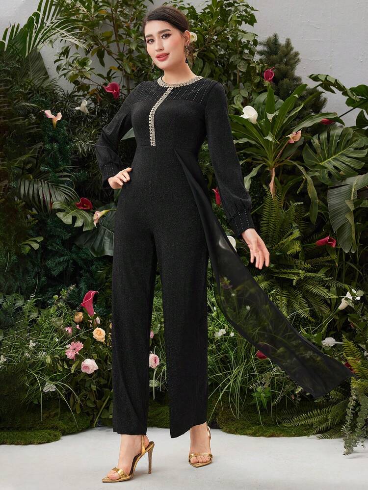 Color-Block Embroidered Decor Long Sleeve Jumpsuit