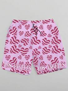 ROMWE MEN Street Life Quần short thắt lưng dây rút giải trí cho nam ngày lễ có in hình trái tim và chữ, mùa hè - Nhiều màu - Xem 1