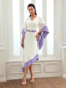 MOTF PREMIUM Gewebte Damen Stickerei Blumenmuster Farbblock Glockenärmelkleid