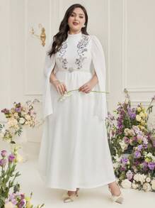 Al Najma 大尺碼女士洋裝,連帽袖子移位裁剪,有印花圖案 - 白色 - 查看 3