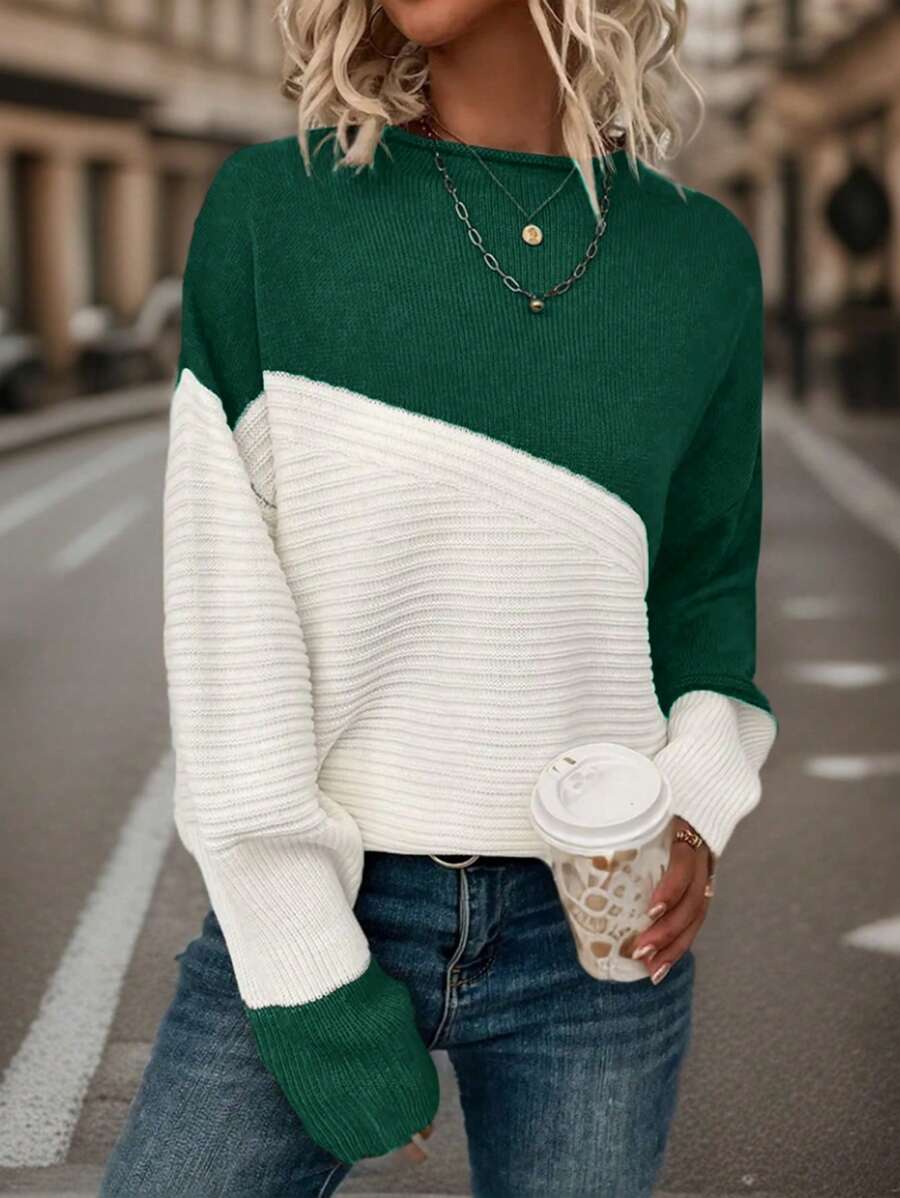 SHEIN LUNE Plus Size Women's Round Neck Colorblock Sweater Pullover Knit Pullover Fall Winter - Multicolor - View 1