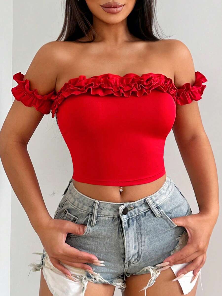 SHEIN SXY Women' Sexy Valentine's Red Cold Shoulder Cropped Top - Red - View 1