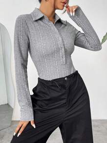 SHEIN EZwear Women's Slim Fit Turn-down Collar Bodysuit