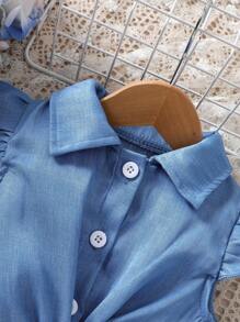 Baby Girl's Tie-Front Hem Shirt And Butterfly Printed Cami Dress Set