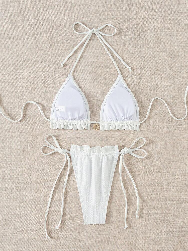 Summer Women's Ruffle Trim Decoration Self-Tie Side Bikini Swimwear Set