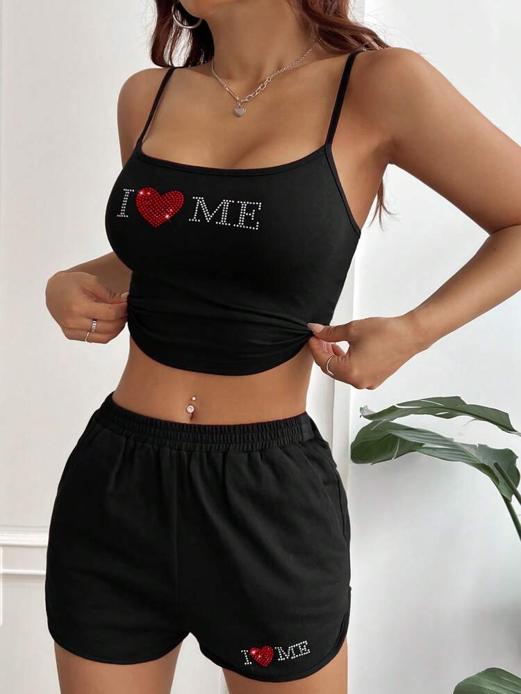 Rhinestone Slogan Heart Pattern Valentines Top & Rhinestone Slogan Heart Pattern Shorts