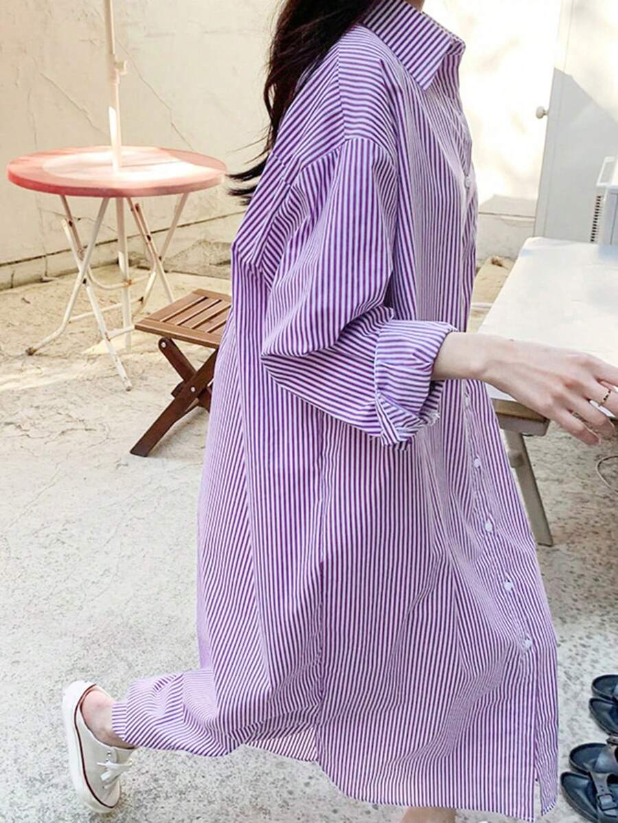 DAZY 女士休闲条纹长袖单排扣宽松衬衫，商务休闲，秋季 - 紫色 - 查看 1