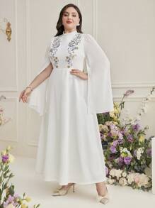 Al Najma 大尺碼女士洋裝,連帽袖子移位裁剪,有印花圖案 - 白色 - 查看 7