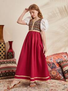 SHEIN Leap Crew Tween Girl Sibling Outfits Elegant V-Neck Puff Sleeve Mid-Length Dress With Patchwork Fabric - Red - View 4