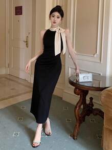 DAZY Váy dạ hội màu tương phản viền bất đối xứng dành cho nữ, Đầm dạ hội mùa hè thanh lịch cho đêm giao thừa - Đen và trắng - Xem 8