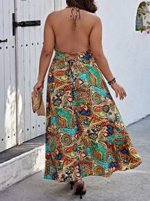 SHEIN Clasi 大尺寸隨機印花吊帶連身裙 - 棕色 - 查看 2