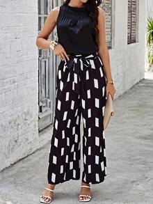 SHEIN Clasi Của phụ nữ Xếp li Vòng cổ Không tay Áo Và In Hình học Quần Bộ - màu đen - Xem 3