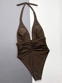 Swim SXY Summer Beach Solid Color Halter One-Piece Swimsuit Bathing Suit - Chocolate Brown - View 4