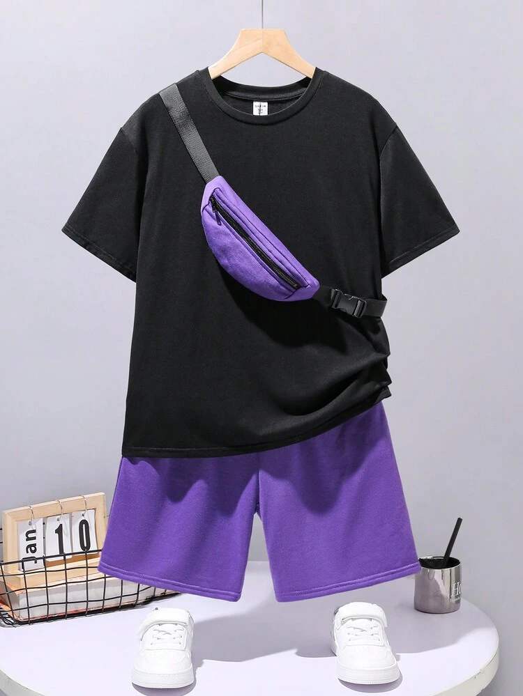 2pcs/Set Tween Boys' Casual Street Style Print Pattern Round Neck Short Sleeve T-Shirt And Solid Color Shorts Knit Suit