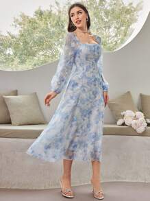 Mulvari 女士方领长袖连衣裙 女式长款套装 - 藍色 - 查看 3