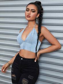 Sexy Halter Neck V-Neck Denim Top - Light Wash - View 4