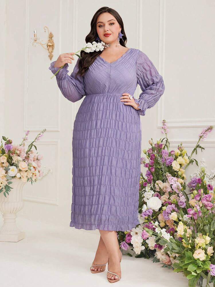 Plus Size Women's V-Neck Long Sleeve Dress Long Evening Dresses