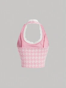 SHEIN MOD Áo yếm ren họa tiết răng sói cho nữ có trang trí nơ - Hồng - Xem 2