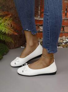 Của phụ nữ Chóp giầy tròn Da bằng sáng chế Giày phẳng Với Bowknot Đồ trang trí Và Đế mềm - trắng - Xem 2