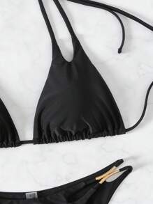 SHEIN Swim Summer Beach Women's Halter Neck Strap Bikini Set - Black - View 6