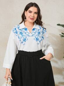 Mulvari Plus Size Printed Drop Shoulder Casual Shirt - White - View 8
