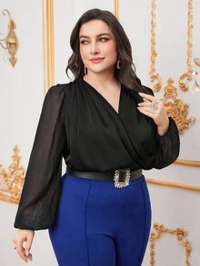 Modelyn 大尺碼女裝交叉設計燈籠袖上衣 - 黑色 - 查看 8