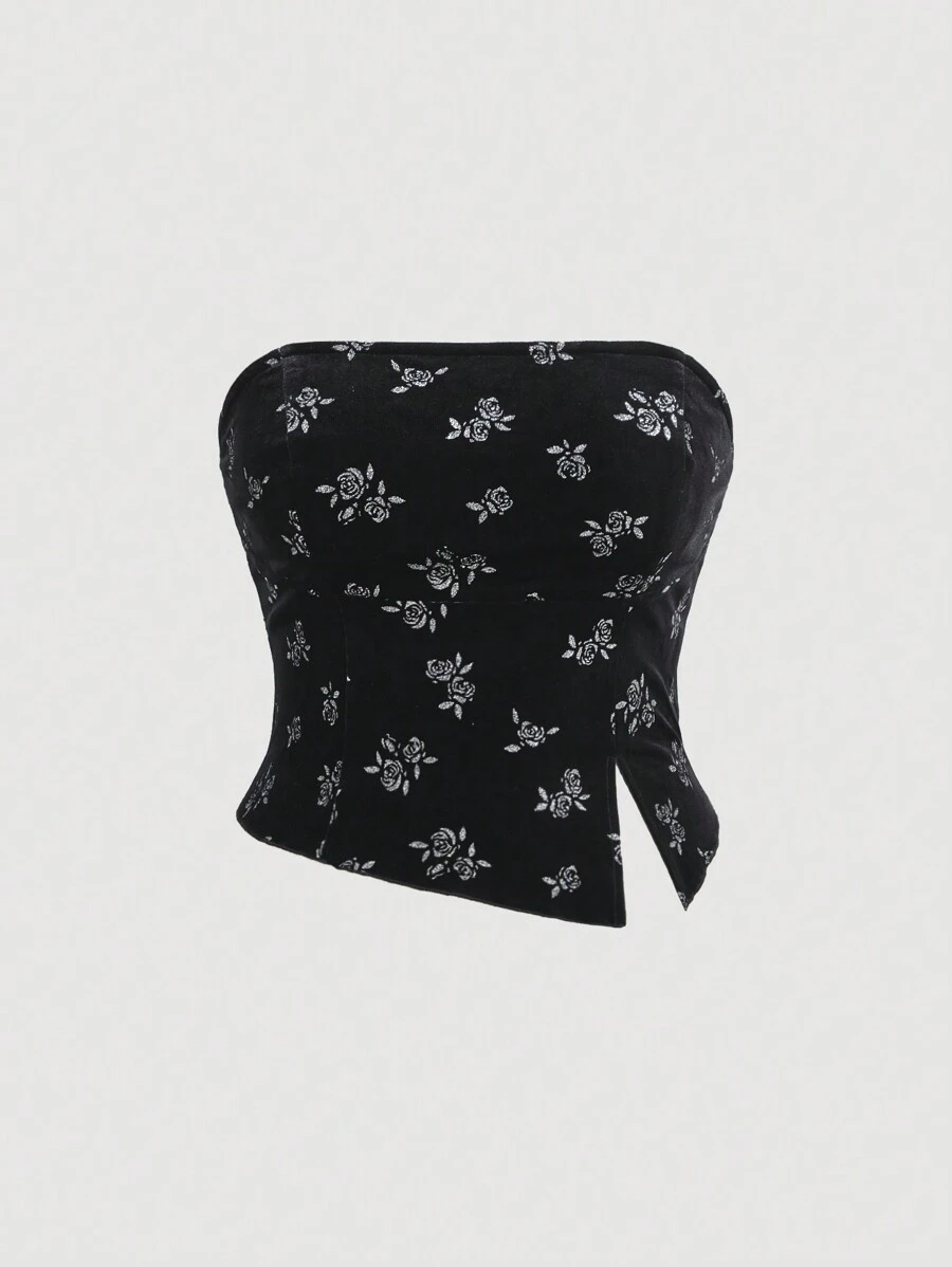 SHEIN MOD 大码女士黑玫瑰印花抹胸上衣、抹胸上衣、夏季上衣 - 黑色 - 查看 1