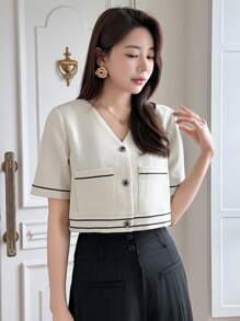 DAZY Women's Business Casual Colorblock Short Sleeve Jacket - Beige - View 3