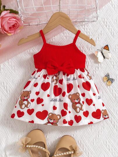 SHEIN Baby Girl Casual And Comfortable Lovely Bear & Heart Pattern Printed Sleeveless Dress, Spring/Summer, Suitable For Valentine's Day