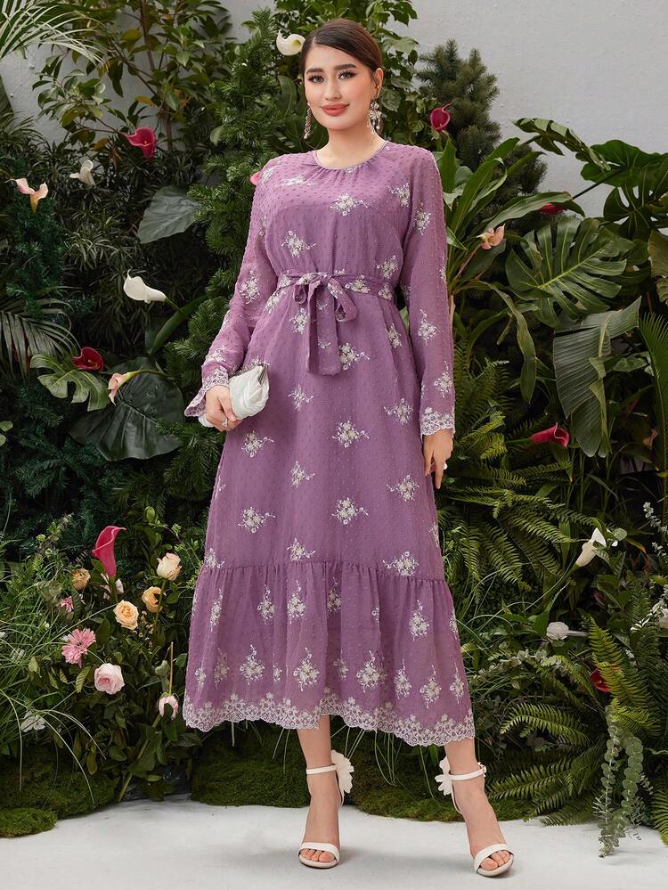 Women's Embroidery Raglan Sleeve Ruffle Hem A-Line Dress