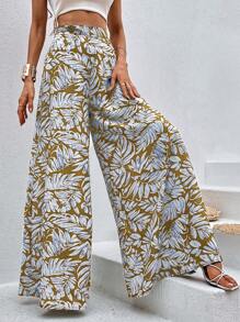 Breezaya Botanical Print Wide Leg Pants Fall Cloth For Women - Khaki - View 5