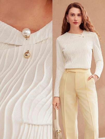 MOTF PREMIUM KNITTED WOMEN'S ASYMMETRICAL NECK TEXTURED T-SHIRT