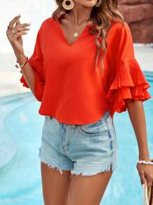SHEIN Holidaya Women's Short Sleeve Blouse With Pressed Placket Detail - Orange - View 5