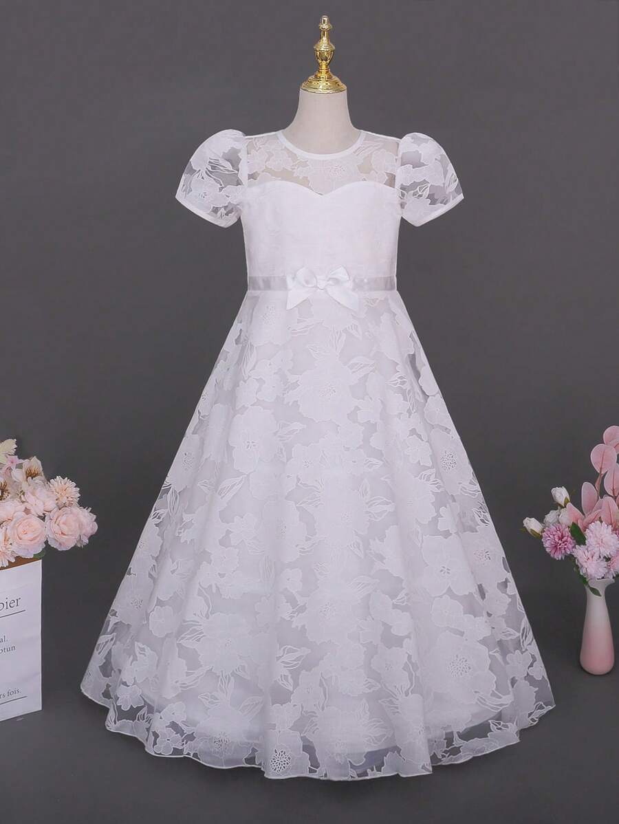 SHEIN Glamorique Kids Tween Girl 优雅花卉印花白色 V 领长款派对连衣裙，适合生日派对、婚礼、晚会 - 白色 - 查看 1