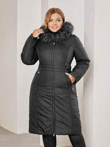 Astrid Plus Fuzzy Trim Hooded Padded Coat, For Winter - Black - View 1