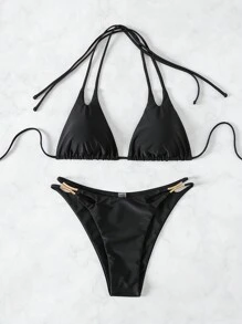 SHEIN Swim Summer Beach Women's Halter Neck Strap Bikini Set - Black - View 7