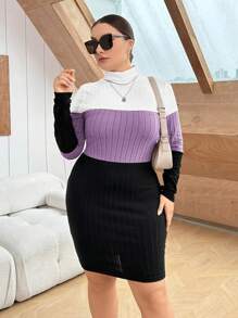SHEIN Essnce Women's Plus Size High Neck Contrast Color Long Sleeve Dress - Mauve Purple - View 3