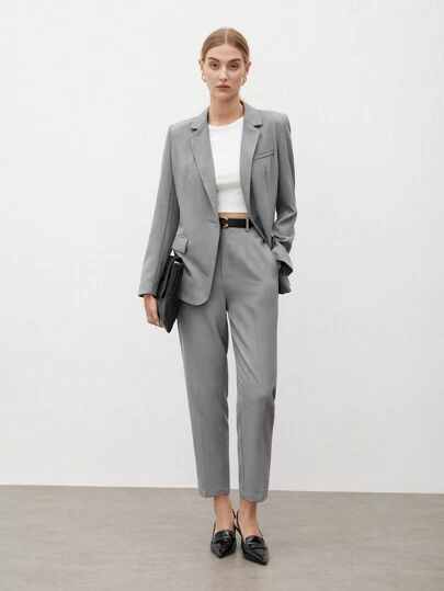 BizChic 女士灰色正装裤，纯色直筒七分裤，带侧袋，适合都市通勤、商务休闲办公穿着，秋冬季