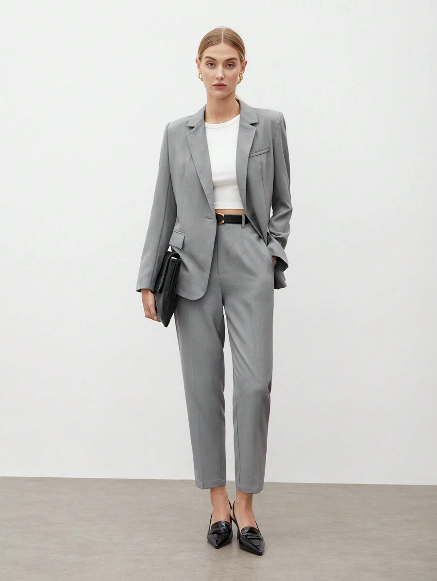 BizChic 女士灰色正装裤,纯色直筒七分裤,带侧袋,适合都市通勤、商务休闲办公穿着,秋冬季 - 灰色 - 查看 1