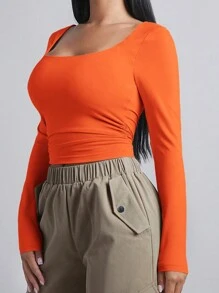 SHEIN BAE 女式純色方領長袖t卹 - 橘色 - 查看 3