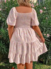 Flirla 大碼女裝全印花集褶短泡泡袖印花連衣裙 - 彩色 - 查看 2