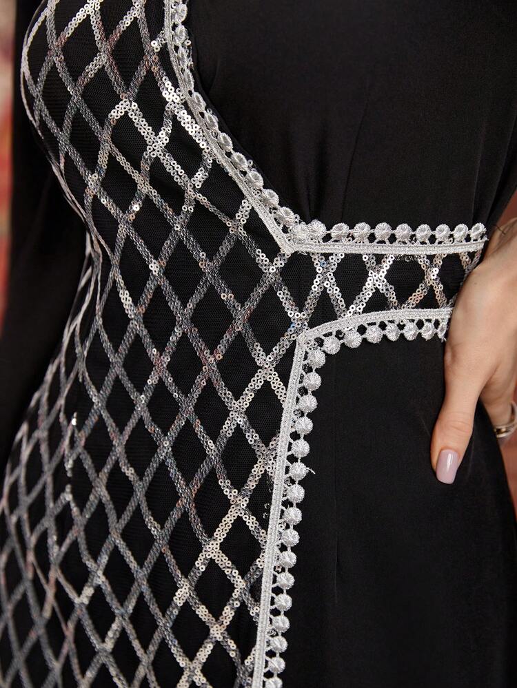 Women's Diamond Pattern Shiny Sequins Splicing Cape Sleeve Wrap Dress Long Evening Dresses