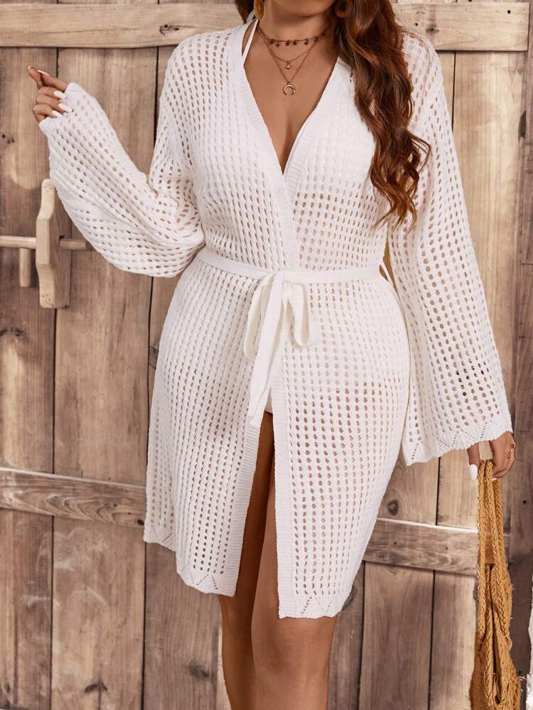 Plus Size 1pc Knitted Cardigan With Belt And Hollow Out Design Fall Cloth For Women