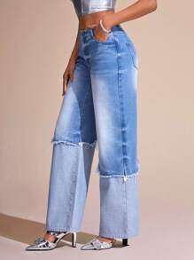 SHEIN BAE Vaqueros Holgados Para Mujer Con Bloqueo De Color Y Borde Deshilachado - Azul - Ver 3