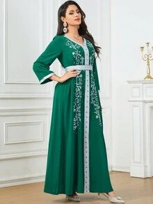 时尚刺绣串珠拼布编织腰带长袖女式阿拉伯连衣裙（带腰带） - 綠色 - 查看 4