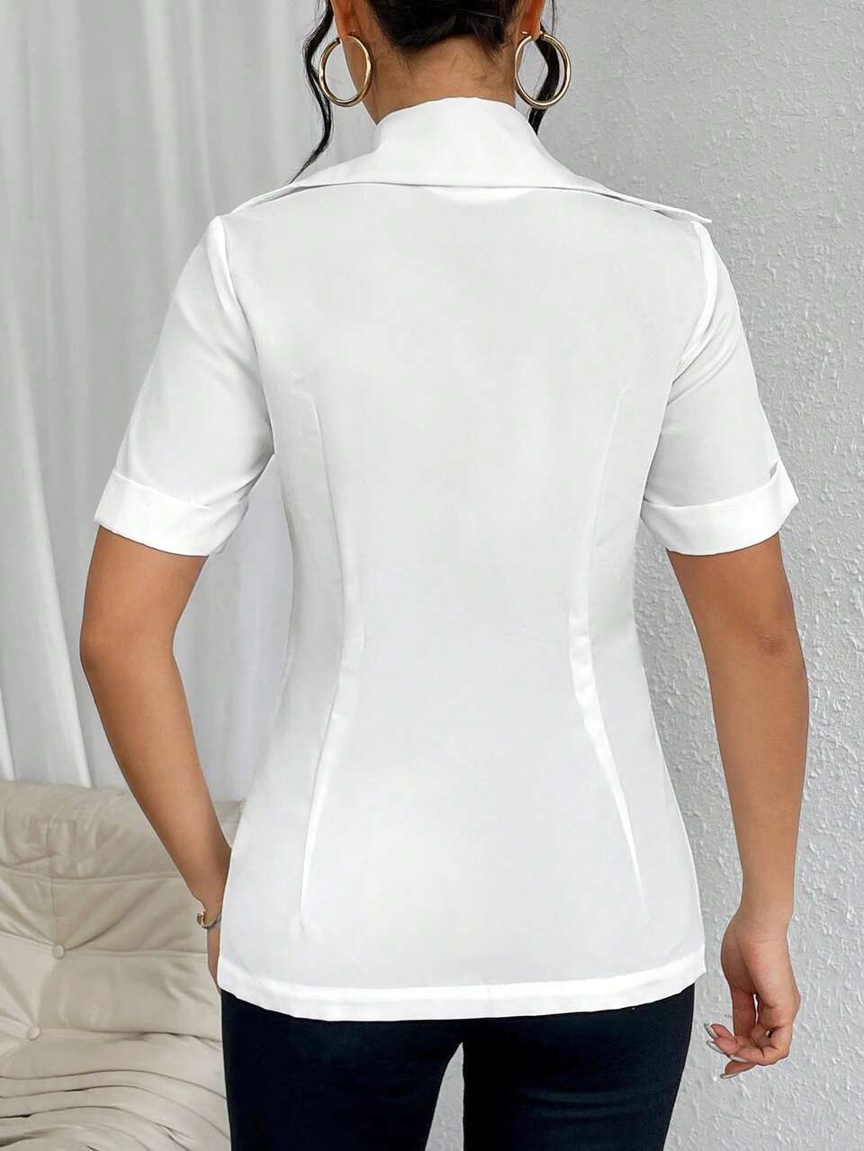 HEN PARTY Lapel Neck Ruched Waist Button Front Shirt
