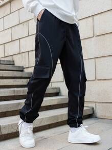 Claim Dot Men's Reflective Letter Patch Cargo Pants Baggy Long Slacks Plain Black Going Out, Men's Streetwear Cargo Pants, Cargo Pants