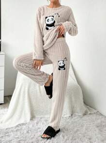 SHEIN Cottnline Women's Cartoon Panda Embroidery Flannel Pajama Set - Beige - View 3