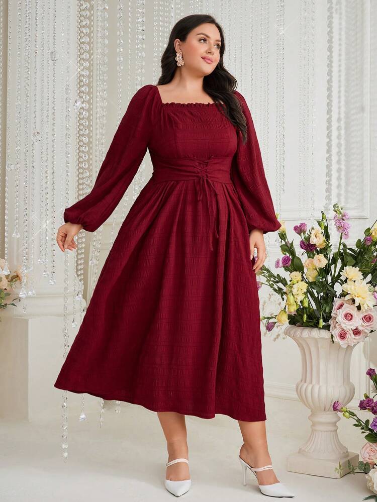 Burgundy Red Plus Size Solid Color Square Neck Lantern Sleeve Dress Long Evening Dresses